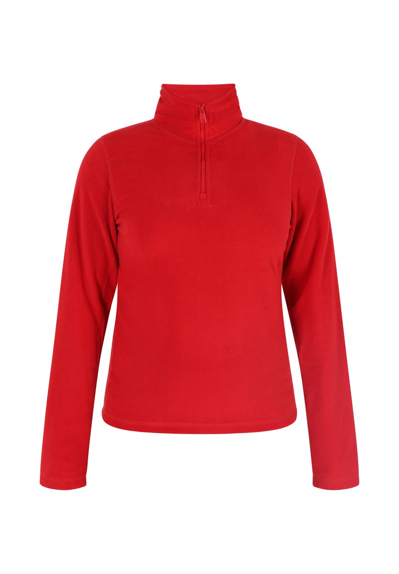 Rode fleece trui met lange mouwen en een ritskraag. Zachte stof, aansluitend ontwerp en vlakke naden. Geen patronen of hardwaredetails.