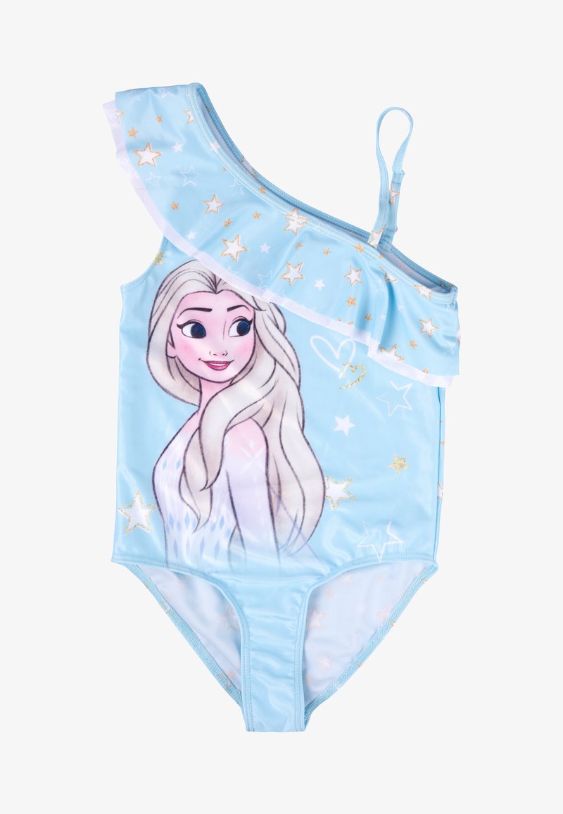 Costume da bagno blu chiaro con spallina unica, caratterizzato da un bordo arricciato, un personaggio animato, stelle dorate e una superficie morbida e lucida.