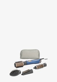 Le kit d'outils de coiffure comprend une brosse à cheveux bleue avec des têtes de brosse interchangeables, une pochette de rangement grise et des accessoires avec des longueurs de poils variées.