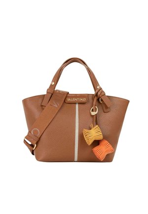 Brun tekstureret læder Valentino håndtaske med top-håndtag, justerbar skulderrem, central beige stribe og to hængende kvast-vedhæng.