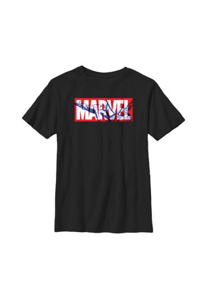 Sort T-shirt med hvid MARVEL-logo med rød kant og en blå Spider-Man, der svinger over bogstaverne.