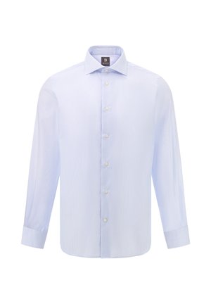 Hellblaues Langarmhemd mit einem gestreiften Muster, Knopfleiste und klassischem Kragen. Verfügt über Standardmanschetten und eine entspannte Passform.