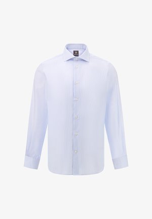 Jasno-niebieska koszula z długim rękawem w paski, z zapięciem na guziki z przodu i klasycznym kołnierzykiem. Posiada standardowe mankiety i luźny krój.