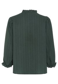 Blusa verde scuro in tessuto testurizzato a righe; presenta un colletto arricciato e maniche a sbuffo con polsini elasticizzati.