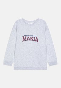 Grå hettegenser med lange ermer. Har et frontmotiv med teksten "HELSINKI MAKIA" i marineblått og burgunder. Myk, teksturert stoff.