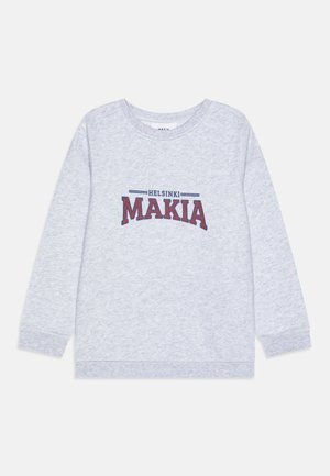Grå hettegenser med lange ermer. Har et frontmotiv med teksten "HELSINKI MAKIA" i marineblått og burgunder. Myk, teksturert stoff.