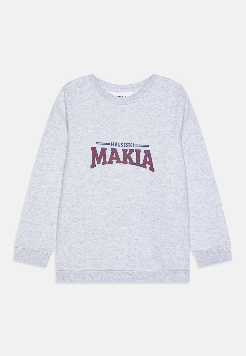 Sivá mikina s dlhými rukávmi. Na prednej strane sa nachádza grafika s textom "HELSINKI MAKIA" v námořníckej modrej a marónovej farbe. Mäkčená, textúrovaná látka.