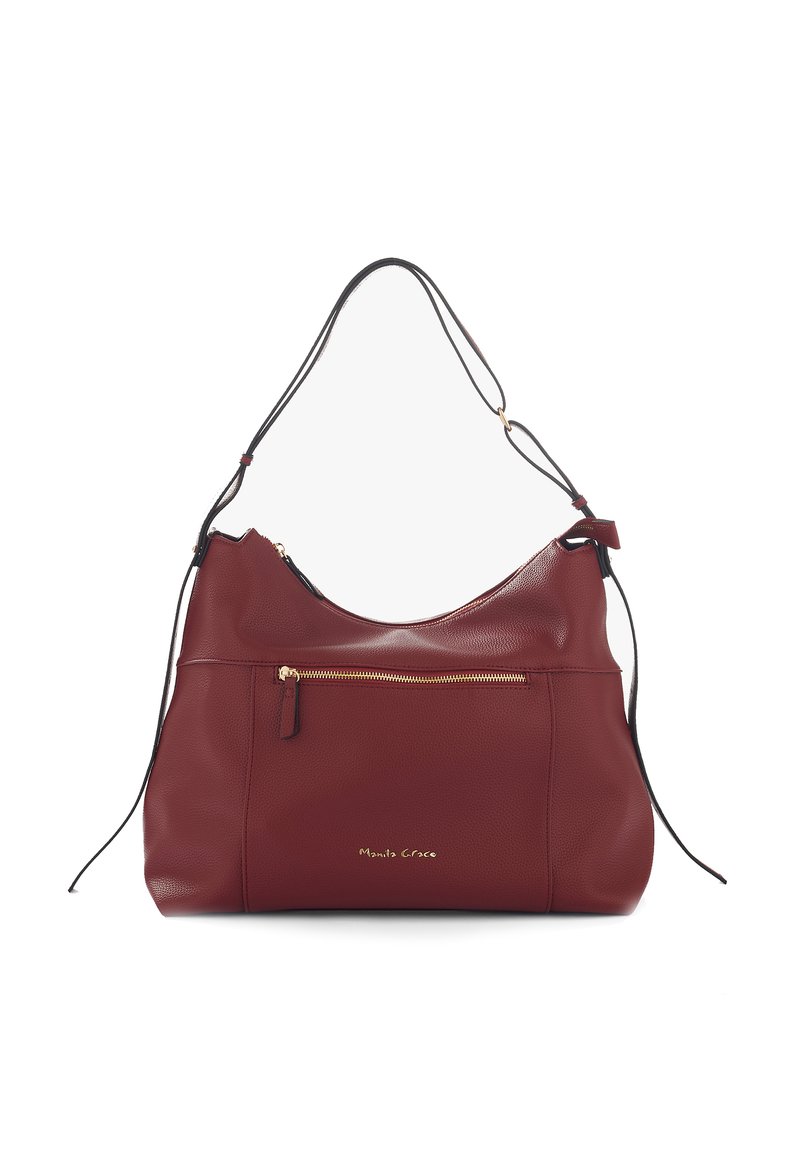 Sac à épaule en cuir bordeaux avec une texture douce, poche zippée dorée et bandoulière noire réglable. Présente un logo subtil à l'avant.