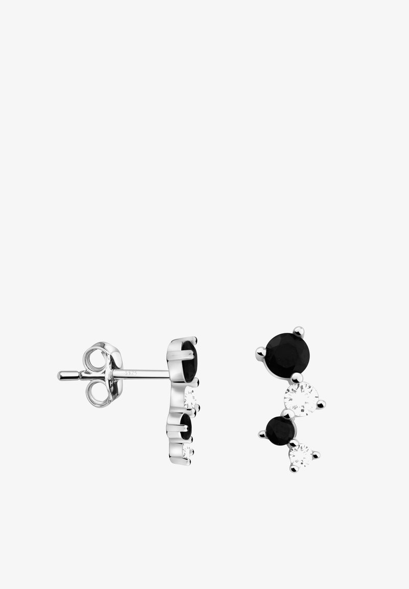 Boucles d'oreilles clous en argent avec des pierres précieuses rondes noires et claires alternées disposées verticalement, montrant les vues de face et de côté.