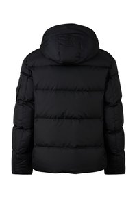 Černá péřová bunda s kapucí, prošívaný design a elastické manžety. Obsahuje vyšitý logo na zádech a hladký, lesklý povrch.