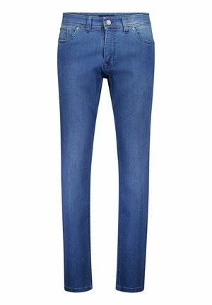 Jeans aus Denim in Mittelblau mit geradem Bein, fünf Taschen und Knopfverschluss. Glatte Textur mit minimalem Verblassen.