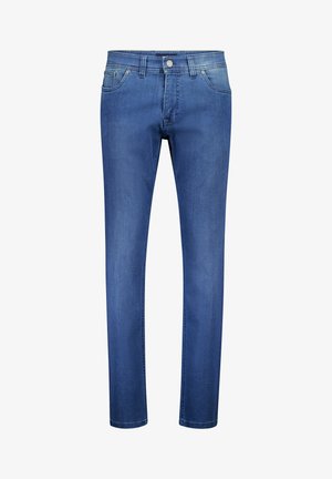 Jeans aus Denim in Mittelblau mit geradem Bein, fünf Taschen und Knopfverschluss. Glatte Textur mit minimalem Verblassen.