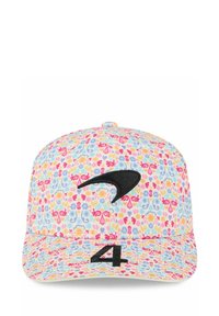 Blumenmuster-Cap mit hellblauem Hintergrund, verziert mit rosa, gelben und grünen Blumen, einem schwarzen Logo und der schwarzen Stickerei der Zahl "4."