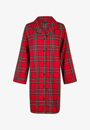 Red long-sleeve button-up nightshirt with green, white, and yellow plaid pattern and a notched collar.