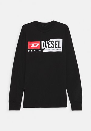 Czarna koszulka z długim rękawem i okrągłym dekoltem z czerwono-białym logo Diesel oraz napisem "Denim for successful living" na przodzie.