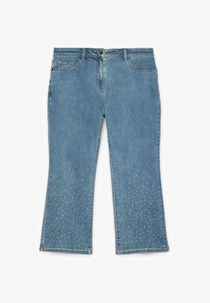 Jeans a palazzo in denim blu chiaro con design a cinque tasche. Presentano decorazioni di borchie argentate sui gambali e una chiusura con zip.