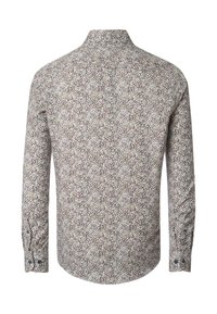 Long-sleeve shirt featuring a textured, light background with a multicolored floral pattern. Classic collar and buttoned cuffs.