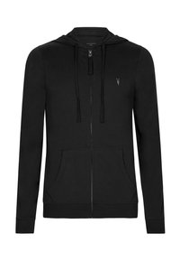 Felpa nera con zip, cappuccio regolabile con cordino, due tasche frontali e un logo discreto sul petto. Realizzata in un tessuto morbido e texturizzato.