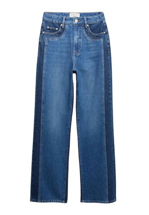 Straight-leg blue jeans with contrasting darker blue side panels, front pockets, and belt loops.