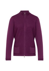Lila Zip-Pullover mit hohem Kragen, geripptem Textil, zwei vorderen Taschen und silbernen Beschlägen an dem Reißverschluss.