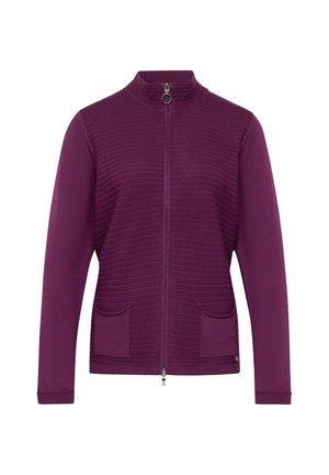 Lila Zip-Pullover mit hohem Kragen, geripptem Textil, zwei vorderen Taschen und silbernen Beschlägen an dem Reißverschluss.