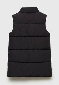 Crni puffer prsluk bez rukava, s horizontalnim šavovima za teksturu i visokim ovratnikom. Lagani materijal s mat finišom.