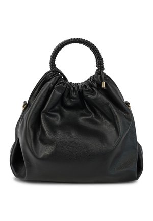 Czarna skórzana torebka o marszczonym wzorze, z teksturowanym wykończeniem. Uchwyt jest pleciony, co dodaje detali ogólnemu kształtowi.