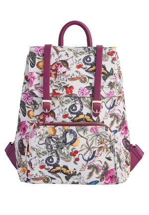 Floral-patterned backpack with a white base, purple straps, a top handle, and a front zipper pocket. Features varied colored botanical designs.