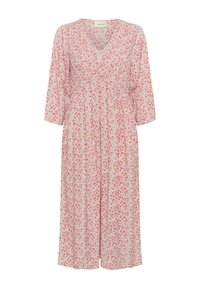 Vaaleanpunainen midi-mekko, jossa on punaisia ja vihreitä kukkakuoseja, kolmannespuolihihat, V-pääntie sekä kerätty yksityiskohta rinnassa ja vyötäröllä.