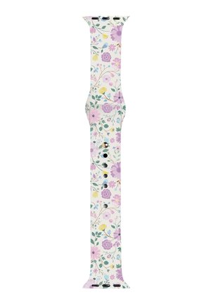 Silicone watch band with a white base and multicolored floral pattern featuring purple, pink, yellow, and blue flowers and green leaves.