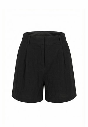 Shorts noirs taille haute, ajustés avec passants de ceinture, plis devant et une silhouette nette et structurée sur fond blanc.