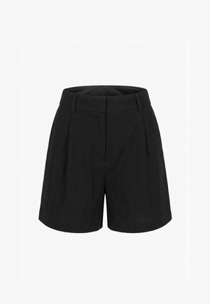 Shorts noirs taille haute, ajustés avec passants de ceinture, plis devant et une silhouette nette et structurée sur fond blanc.