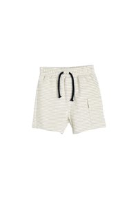 Creme-stribede shorts lavet af blødt stof, med en elastisk talje med en mørk snor og sidelommer.