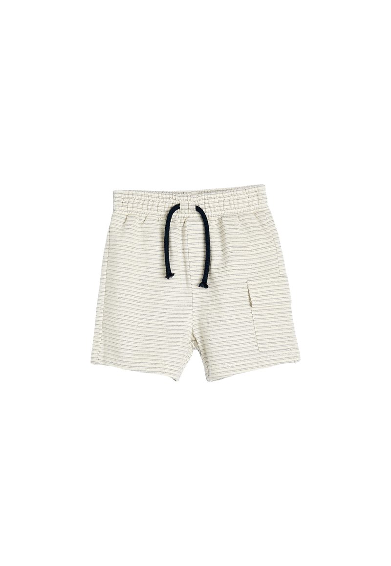 Creme-stribede shorts lavet af blødt stof, med en elastisk talje med en mørk snor og sidelommer.