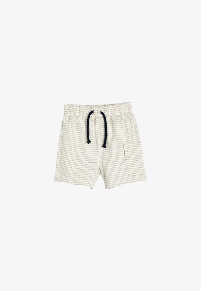 Creme-stribede shorts lavet af blødt stof, med en elastisk talje med en mørk snor og sidelommer.