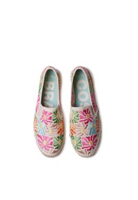 Espadrillas in tela ricamate con vivaci motivi floreali in tonalità di rosa, arancio, verde e blu, con una suola in juta intrecciata.