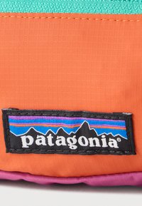 Μαύρο ορθογώνιο λογότυπο Patagonia με λευκό κείμενο και πολύχρωμο σχέδιο βουνών σε φόντο υφάσματος πορτοκαλί και μωβ.