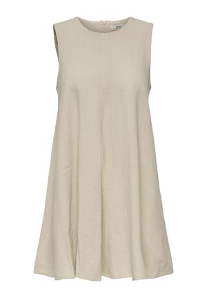 Ärmelloses beigefarbenes Kleid mit rundem Ausschnitt und schwingendem Rock. Hergestellt aus einem strukturierten, leichten Stoff mit einem Reißverschluss auf der Rückseite.