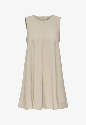 Mouwloze beige jurk met een ronde halslijn en een uitlopende rok. Gemaakt van een gestructureerde, lichte stof met een rits aan de achterkant.