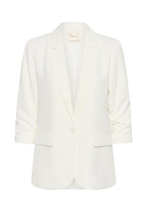 Balts pieguļošs žakete ar vienu pogu, ar atloku ar iegriezumu un uzlocītām piedurknēm. Aprīkots ar divām priekšējām kabatām un gludu tekstūru.