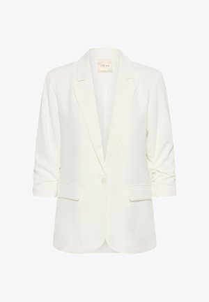 Balts pieguļošs žakete ar vienu pogu, ar atloku ar iegriezumu un uzlocītām piedurknēm. Aprīkots ar divām priekšējām kabatām un gludu tekstūru.