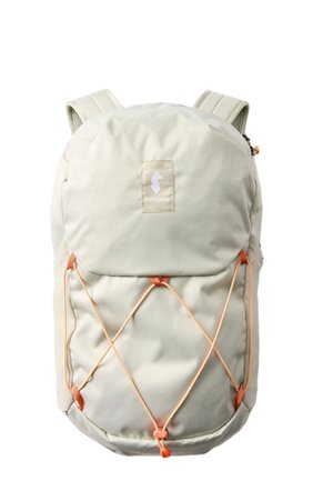 Világos bézs hátizsák párnázott vállpántokkal, narancssárga rugalmas zsinór keresztben az elülső zsebnél, és egy kis, középre helyezett logófolt.