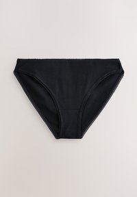 Svarta bikiniunderbyxor med ribbat mönster och slät textur, med dekorativ kant längs midjan och bensluten.