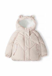 Pink padded jacket with a hood, featuring bear ears, snap button closure, side pockets, and quilted texture for warmth.