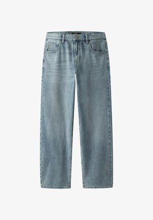 Light blue denim jeans with a straight-leg design, five pockets, subtle fading, and metal button closure at the waist.