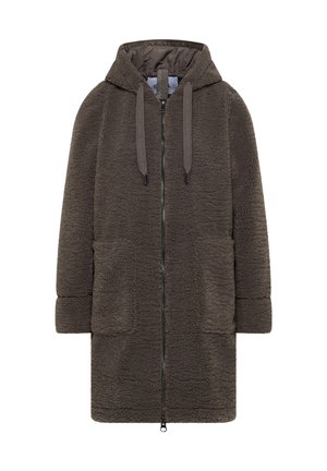 Brown fleece coat with a hood, front zip closure, two large pockets, and a textured fabric. Features dark drawstrings at the hood.