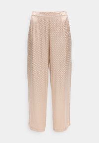 Μπεζ σατέν παντελόνι καμπάνα με υφή διαμαντιού και ελαστική μέση. Μαλακή υφή με σταδιακό ombre εφέ προς το κάτω μέρος.