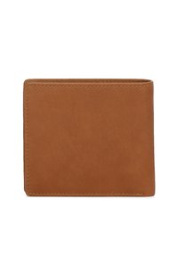 Portafoglio in pelle marrone con una superficie liscia, forma rettangolare e cuciture visibili. Presenta un design minimalista senza ulteriori accenti.