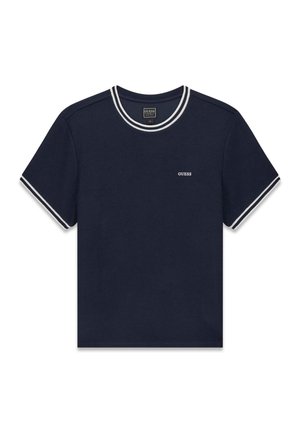 Navy blue short-sleeve T-shirt with white double stripes on collar and cuffs, small white "GUESS" logo on left chest.