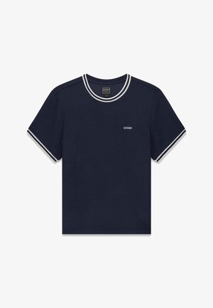 Navy blue short-sleeve T-shirt with white double stripes on collar and cuffs, small white "GUESS" logo on left chest.